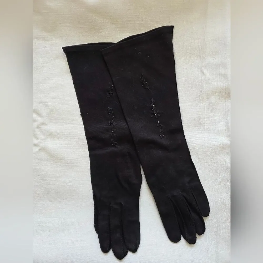 Vintage Hansen Black Embroidered Beaded Long Gloves Stitching on Fourchettes NEW